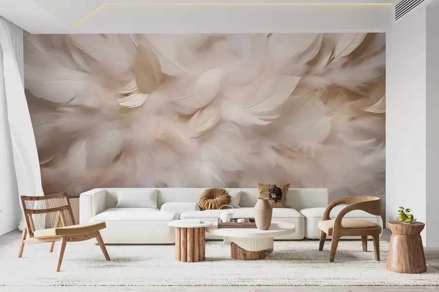 Fotobehang Pluizige veren en dons in crèmekleuren w09274
