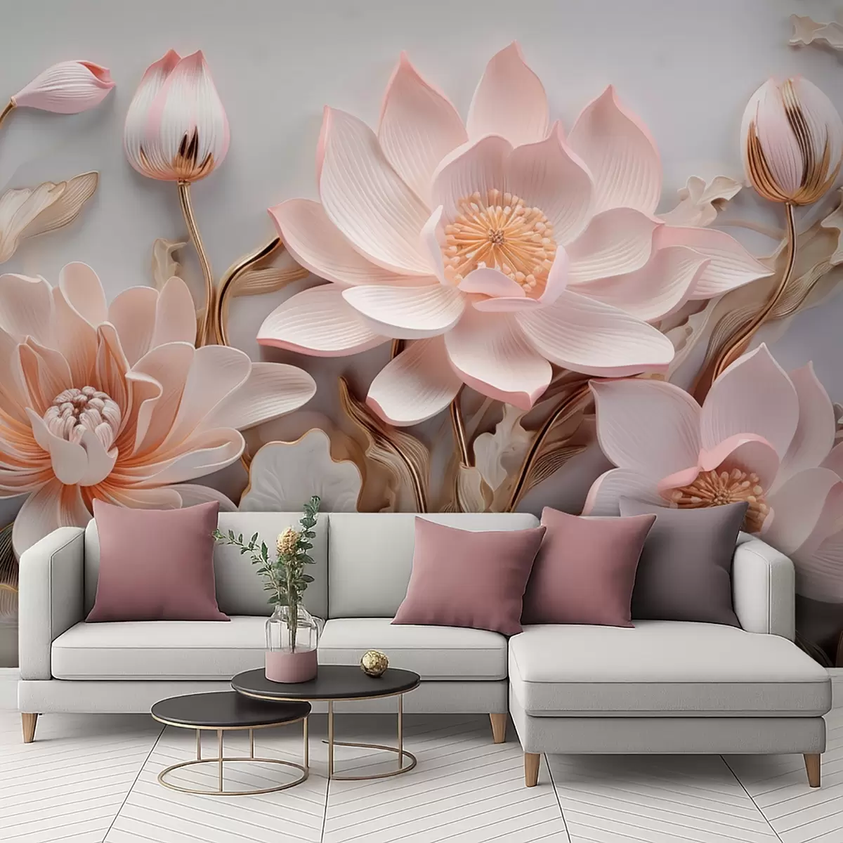 Fotobehang Volumetrische roze bloemen met gele bladeren w09277
