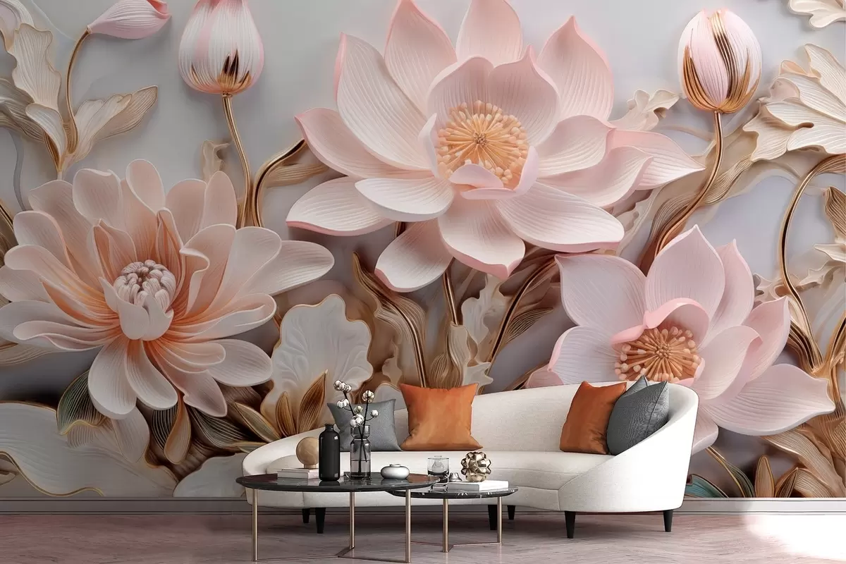 Fotobehang Volumetrische roze bloemen met gele bladeren w09277