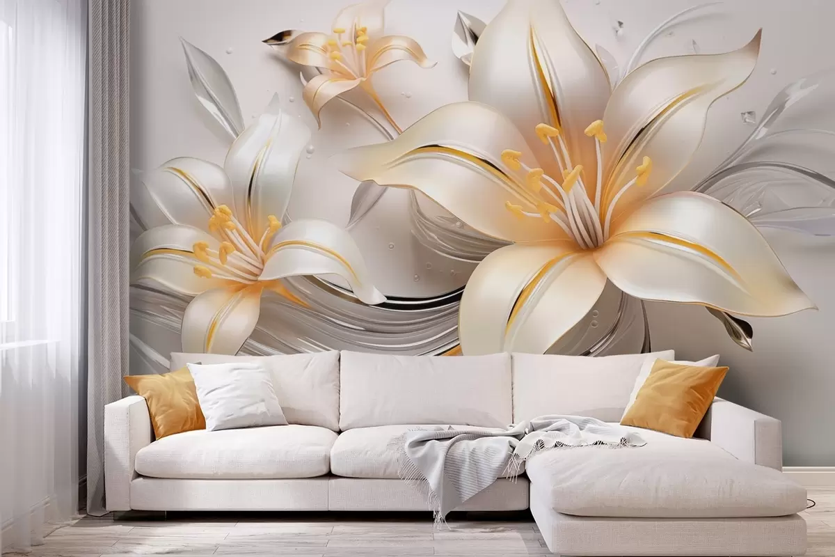 Fotobehang Gele lelies met 3D-effect op een lichte achtergrond w09278