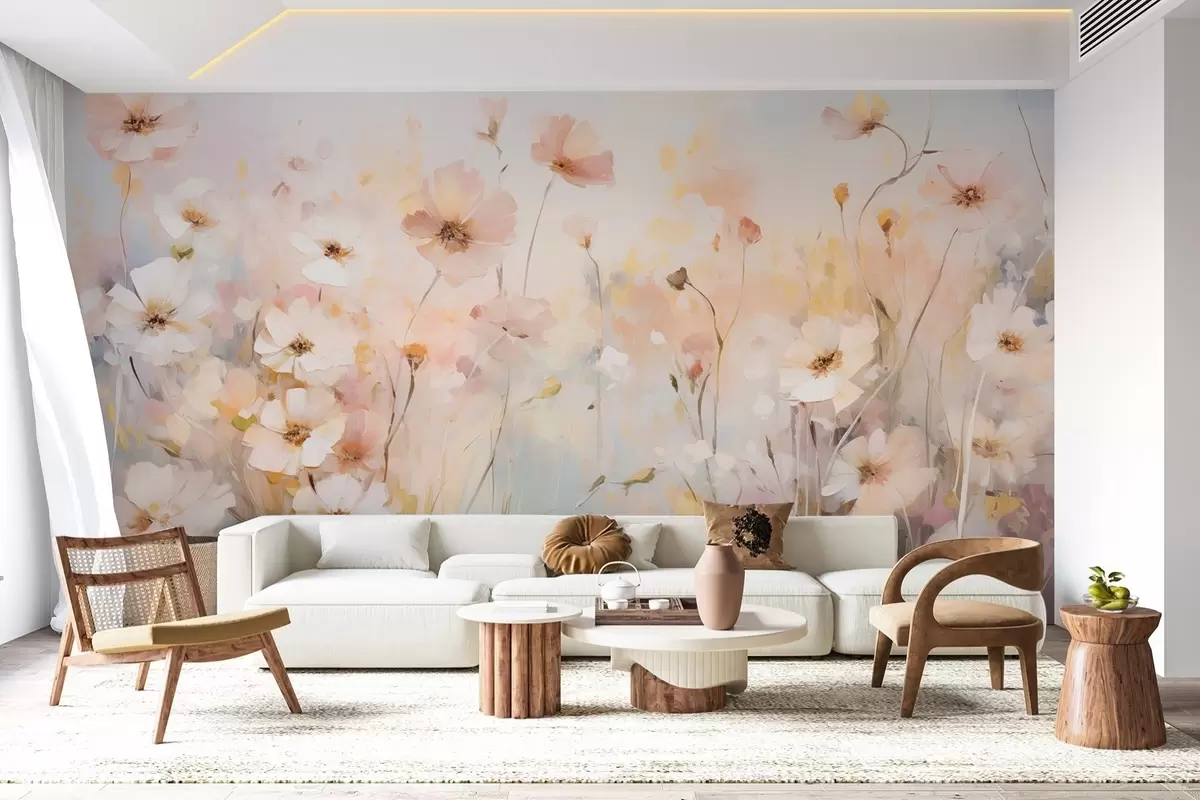 Fotobehang Wilde bloemen in pasteltinten in aquarelstijl w09280