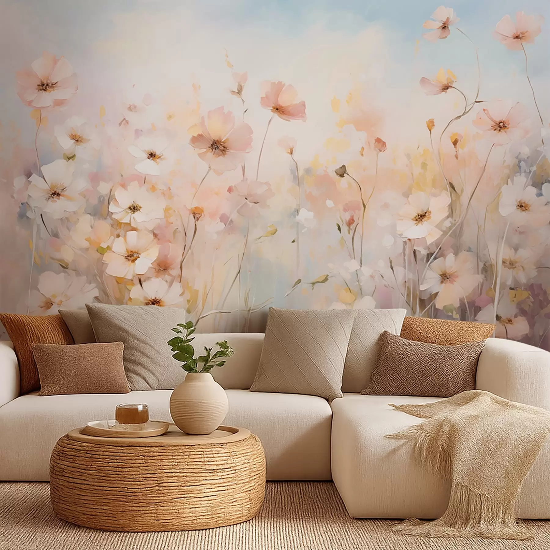 Fotobehang Wilde bloemen in pasteltinten in aquarelstijl w09280