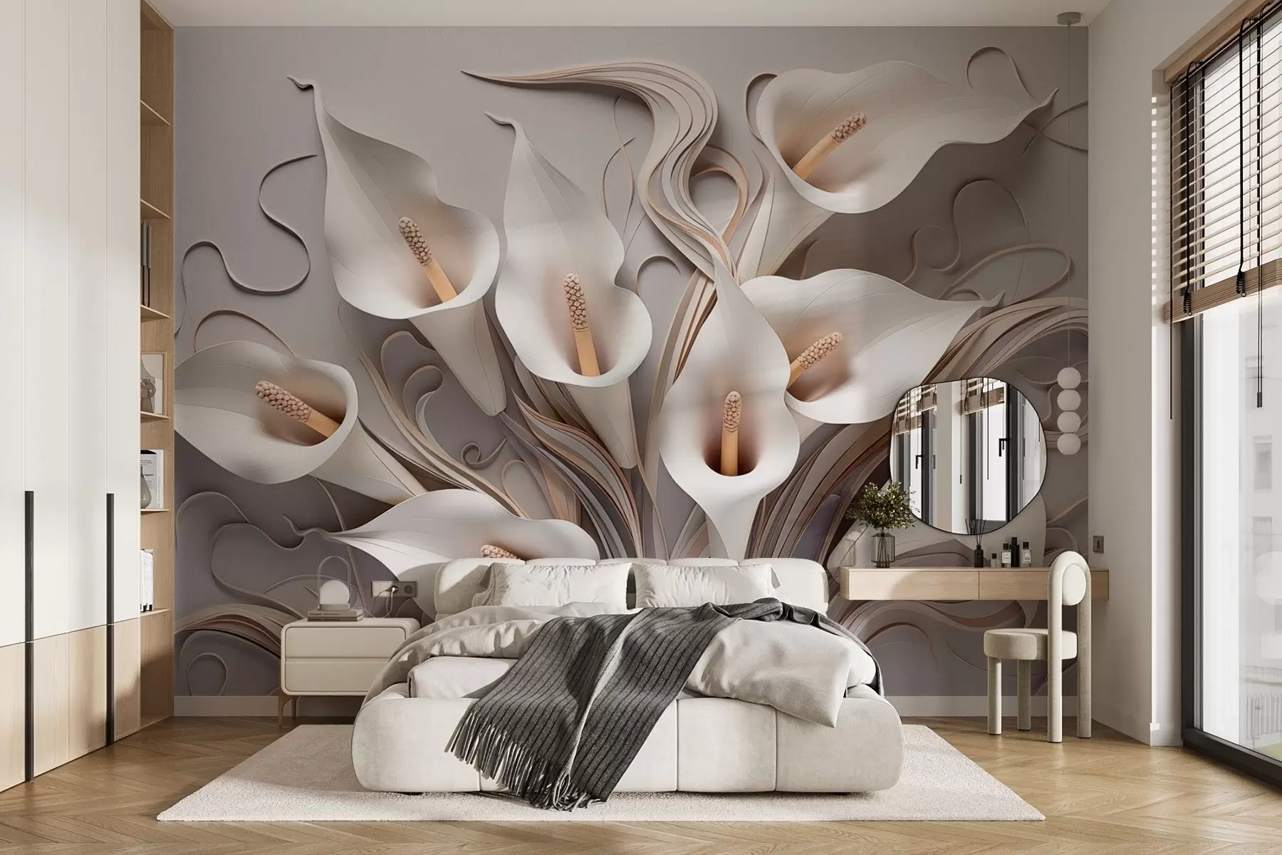 Fotobehang Volumetrische aronskelken in crèmetinten met 3D-effect w09281