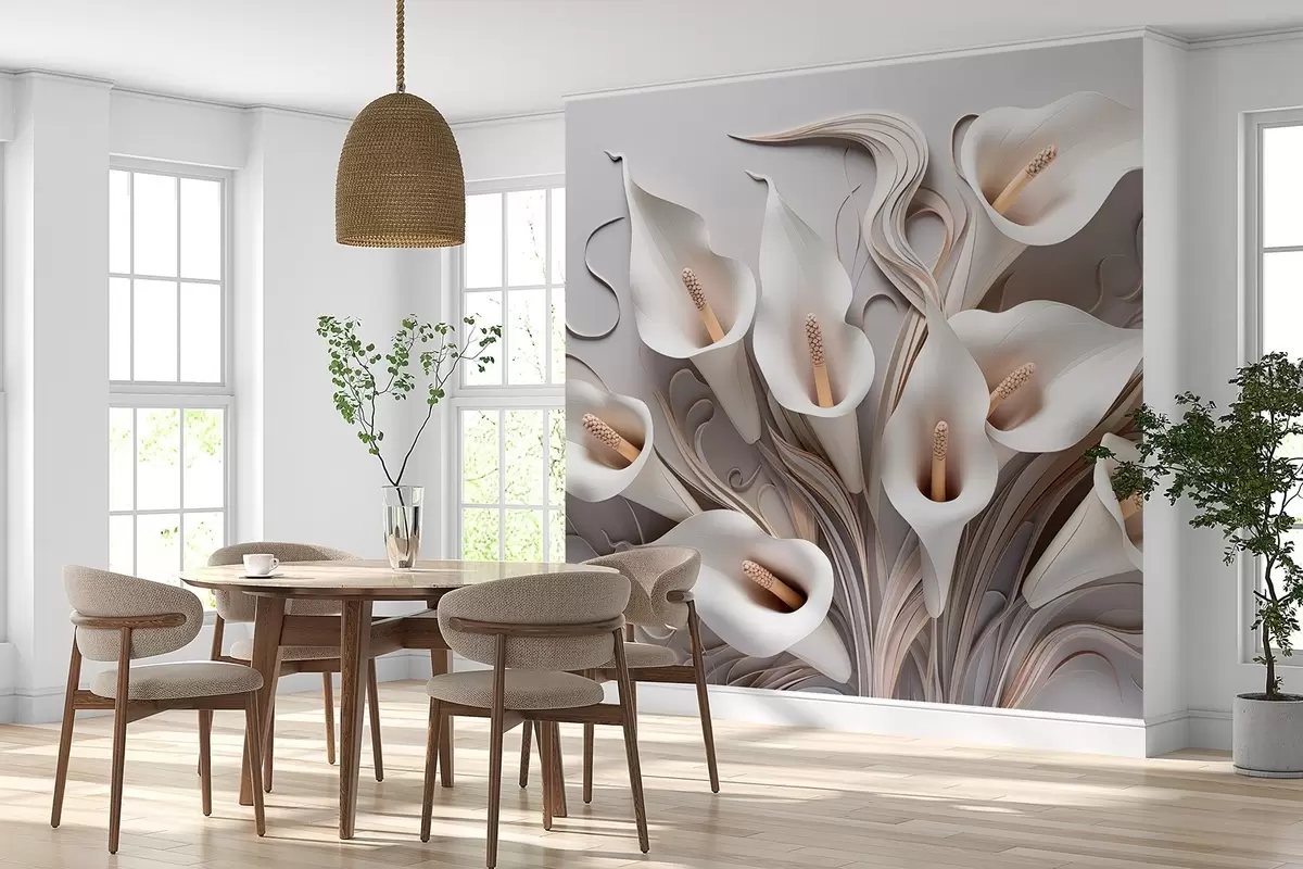 Fotobehang Volumetrische aronskelken in crèmetinten met 3D-effect w09281