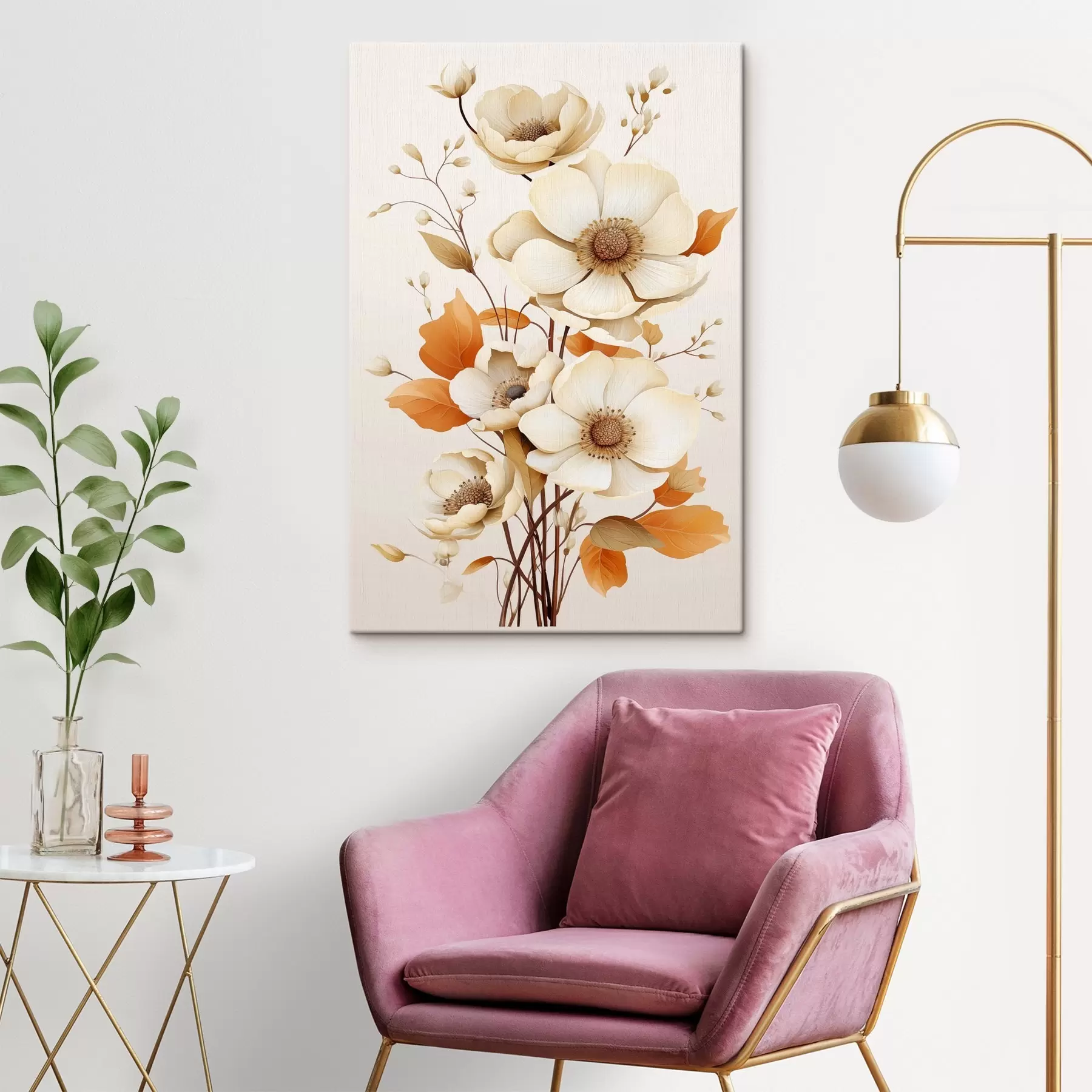  Schilderijen Lichte bloemen op een beige achtergrond s44549