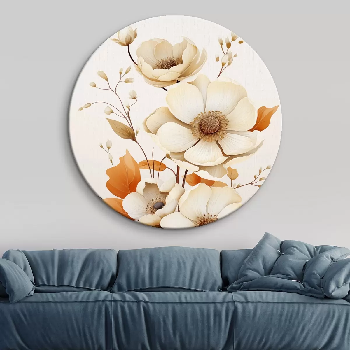 Ronde schilderijen Lichte bloemen op een beige achtergrond r44549