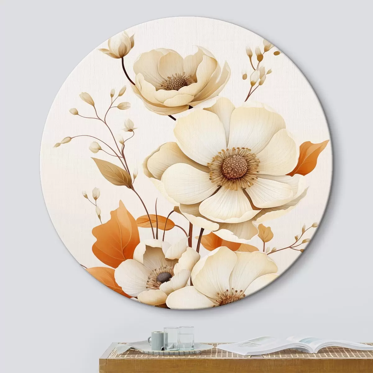 Ronde schilderijen Lichte bloemen op een beige achtergrond r44549