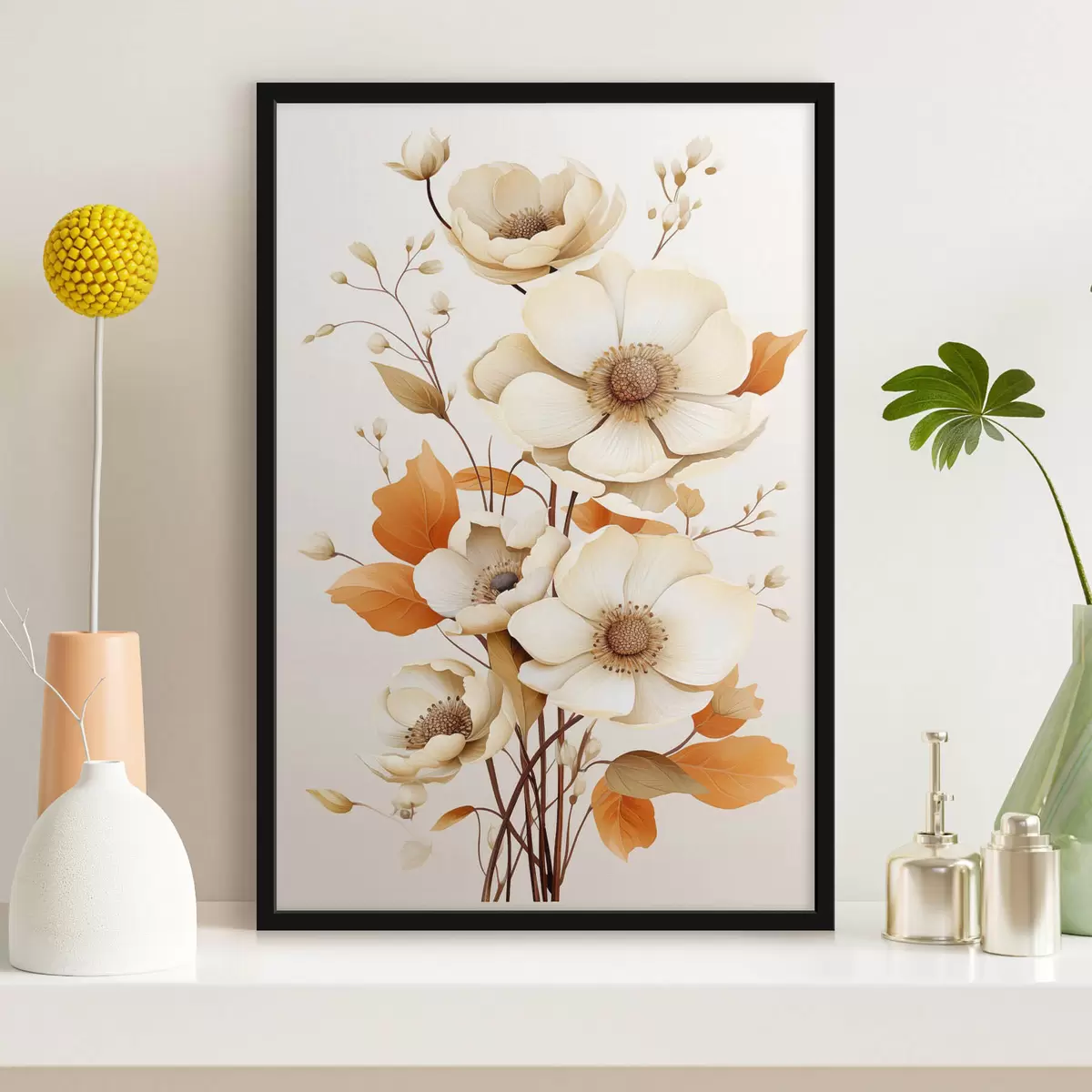Poster Lichte bloemen op een beige achtergrond f44549