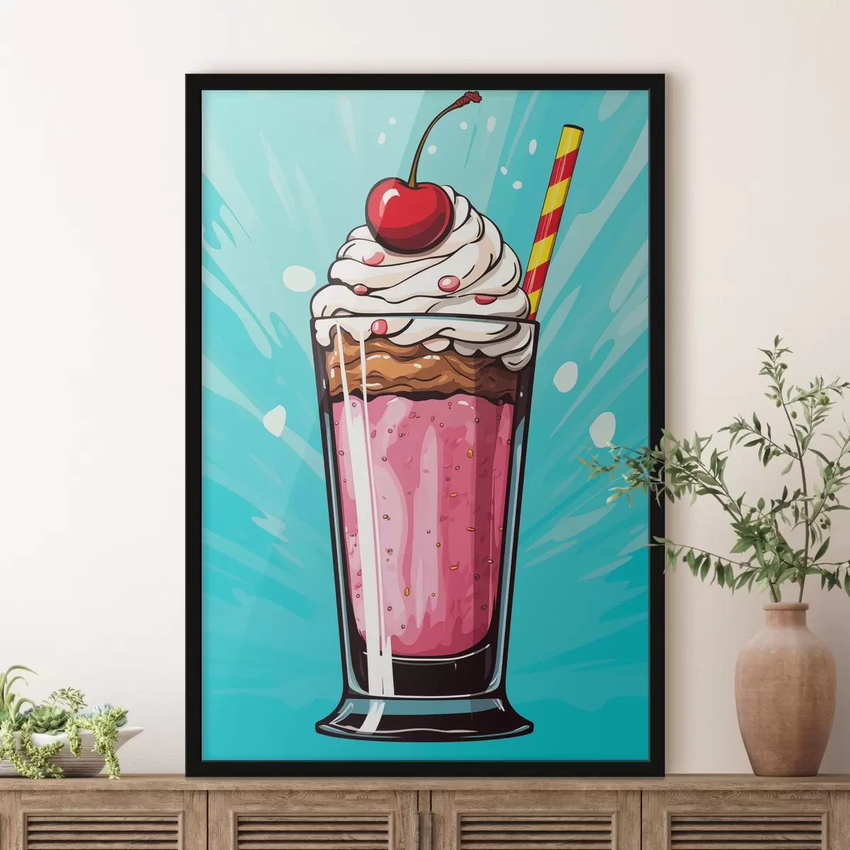 Poster Aardbeienmilkshake met kersen f45273