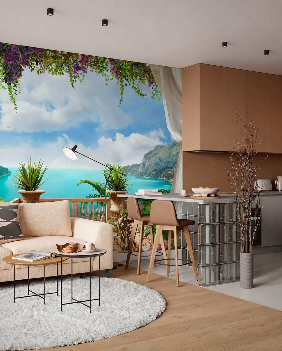 Fotobehang Veranda, met uitzicht op de baai u68055