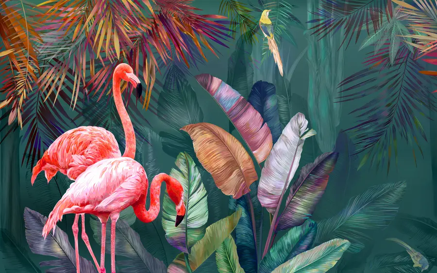 Fotobehang Flamingo's in de gekleurde tropen u80403