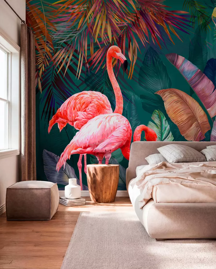 Fotobehang Flamingo's in de gekleurde tropen u80403