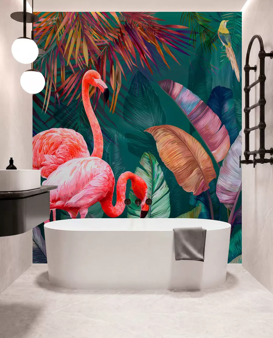 Fotobehang Flamingo's in de gekleurde tropen u80403