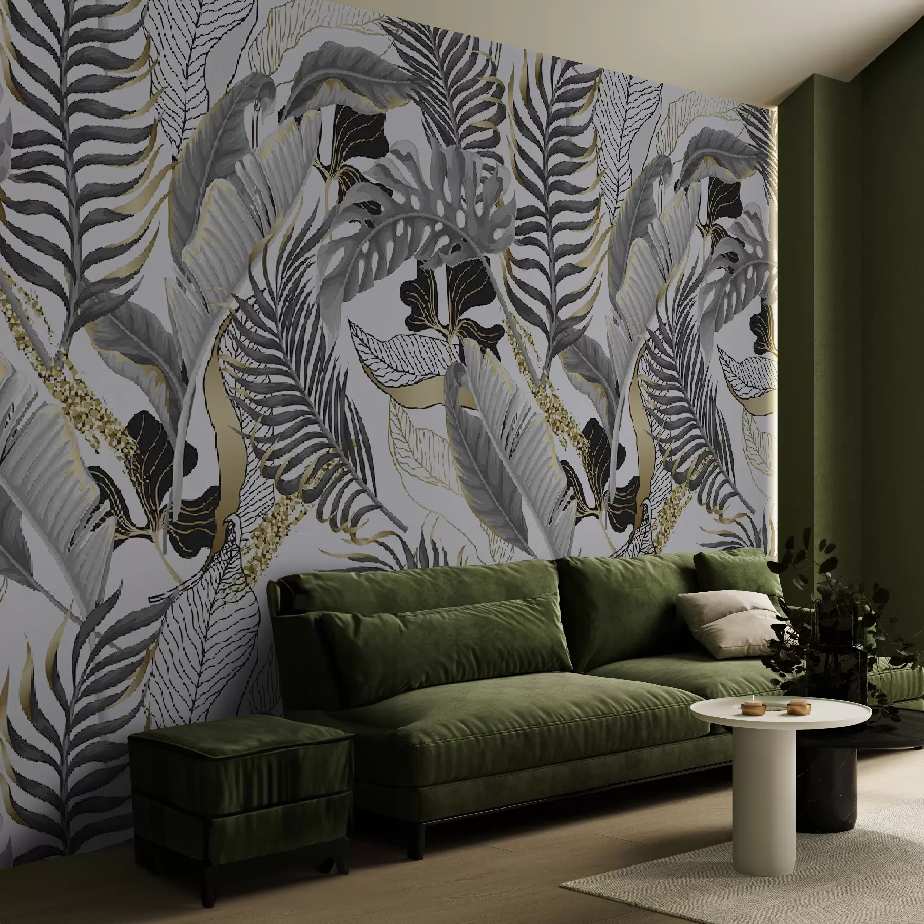 Fotobehang Tropische bladeren grijs op witte achtergrond u71888