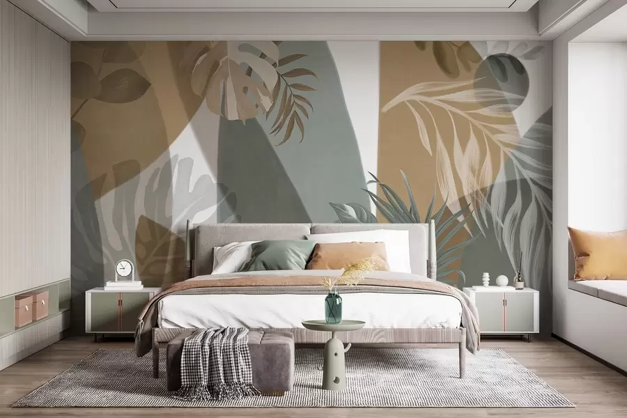 Fotobehang Monsterabladeren en palmbladeren in een patroon met bruine, witte en groene kleuren, tropische sfeer, abstracte vormen, decoratief w09288