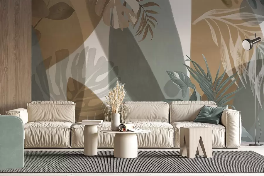 Fotobehang Monsterabladeren en palmbladeren in een patroon met bruine, witte en groene kleuren, tropische sfeer, abstracte vormen, decoratief w09288