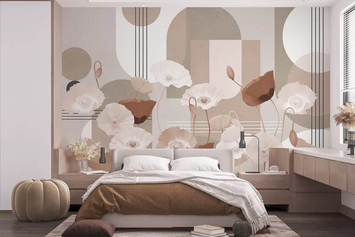 Fotobehang Klaprozen in witte en beige kleuren met geometrische vormen op de achtergrond, cirkels en bogen, minimalistische stijl, zachte kleuren w09289