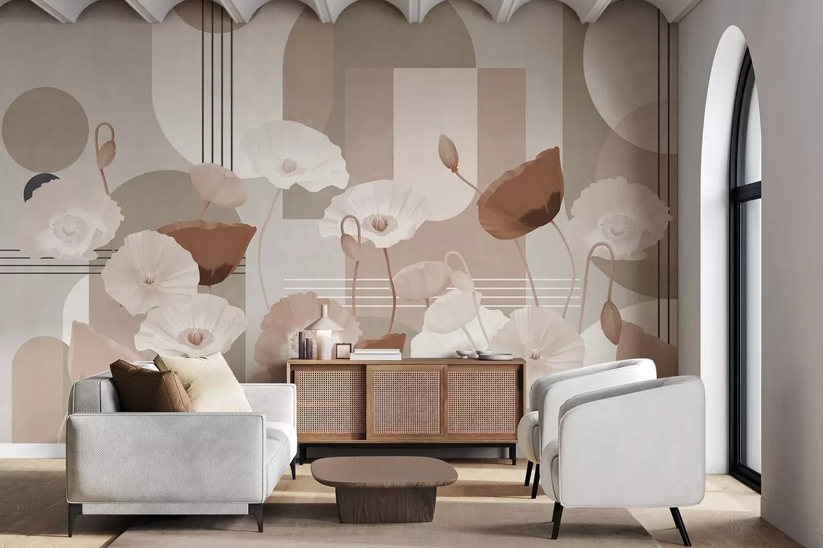 Fotobehang Klaprozen in witte en beige kleuren met geometrische vormen op de achtergrond, cirkels en bogen, minimalistische stijl, zachte kleuren w09289