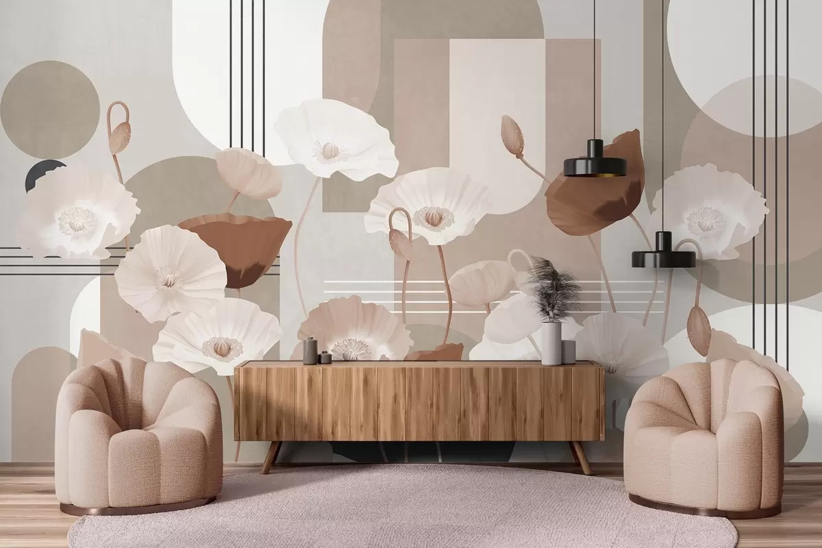 Fotobehang Klaprozen in witte en beige kleuren met geometrische vormen op de achtergrond, cirkels en bogen, minimalistische stijl, zachte kleuren w09289