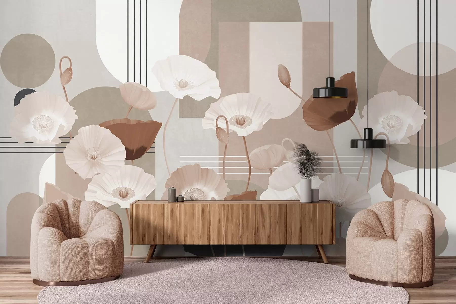 Fotobehang Klaprozen in witte en beige kleuren met geometrische vormen op de achtergrond, cirkels en bogen, minimalistische stijl, zachte kleuren w09289