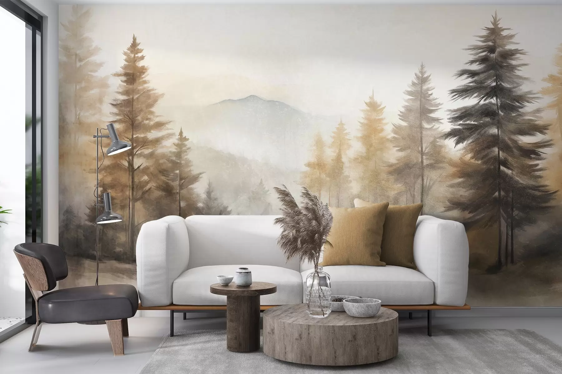 Fotobehang Gestructureerd herfstbos met hoge dennenbomen en bergen op de achtergrond, de kleuren zijn gedempt en aards schilderstijl w09290