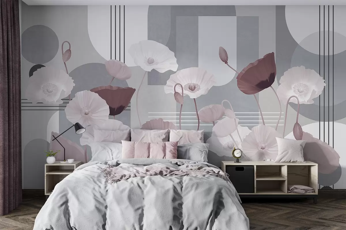 Fotobehang Klaprozen in witte en grijze kleuren met geometrische vormen op de achtergrond, cirkels en bogen, minimalistische stijl, zachte kleuren w09289v1