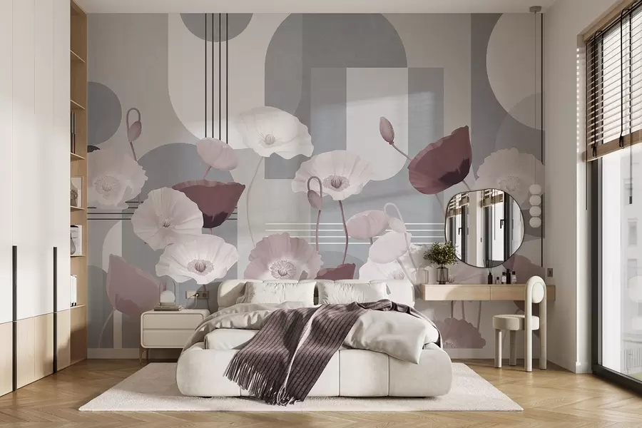 Fotobehang Klaprozen in witte en grijze kleuren met geometrische vormen op de achtergrond, cirkels en bogen, minimalistische stijl, zachte kleuren w09289v1