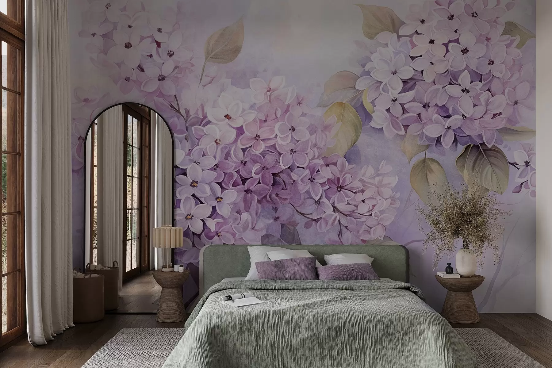 Fotobehang Lila getextureerde bloemen met lichtpaarse bloemblaadjes, lichtgroene bladeren, aquarelstijl, zachte pastelkleuren, fijne penseelstreken w09291