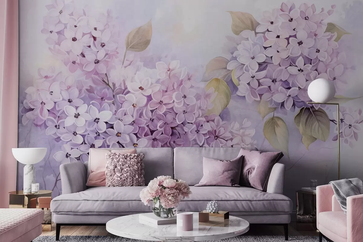 Fotobehang Lila getextureerde bloemen met lichtpaarse bloemblaadjes, lichtgroene bladeren, aquarelstijl, zachte pastelkleuren, fijne penseelstreken w09291