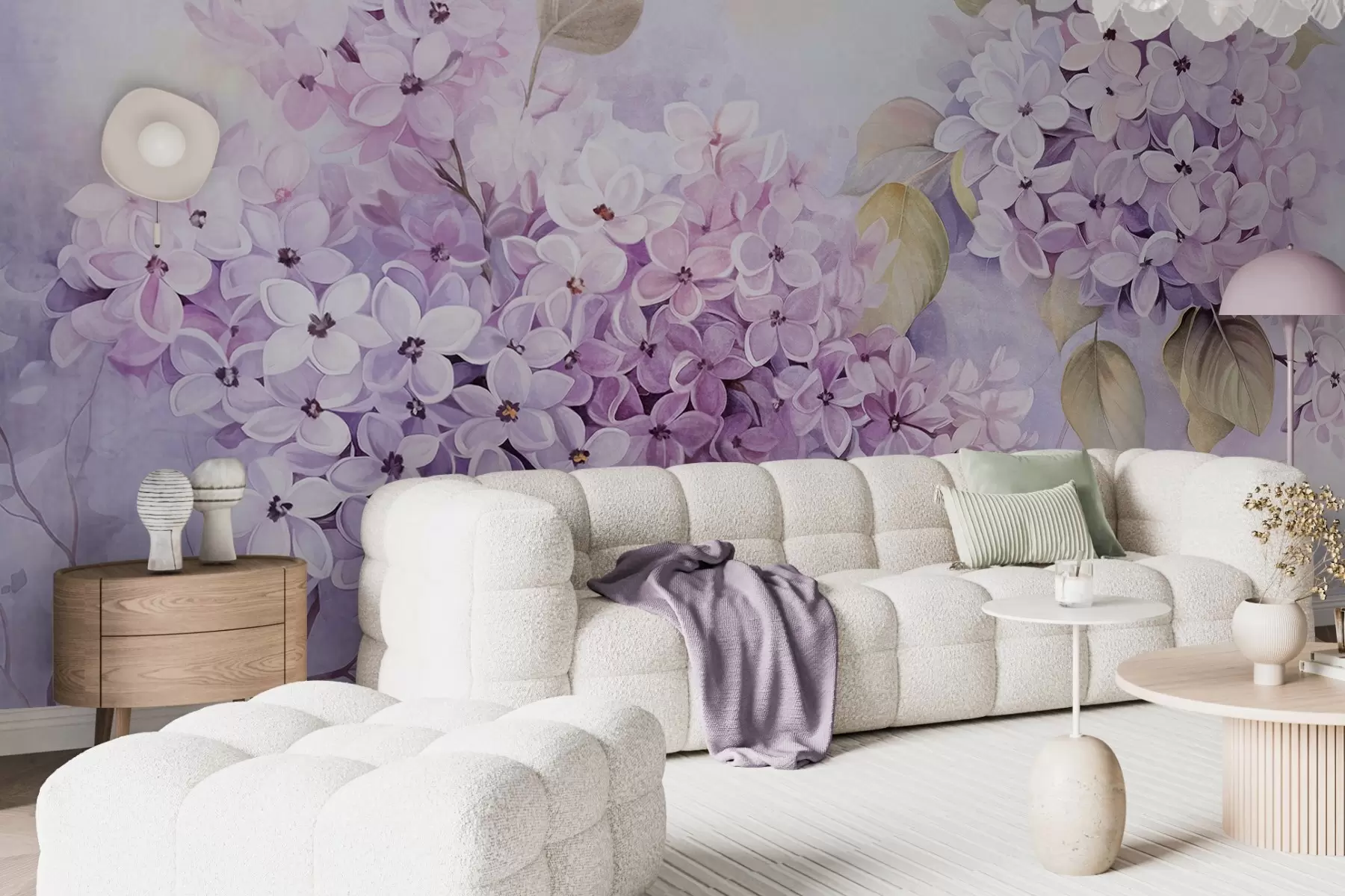 Fotobehang Lila getextureerde bloemen met lichtpaarse bloemblaadjes, lichtgroene bladeren, aquarelstijl, zachte pastelkleuren, fijne penseelstreken w09291