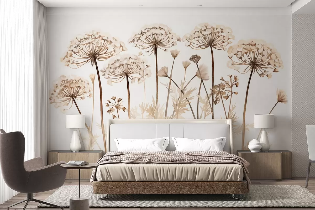Fotobehang Queen Anne's Lace bloemen in een veld, getextureerd schilderij imitatie, bruin, beige en wit kleurenpalet, botanische illustratie w09294