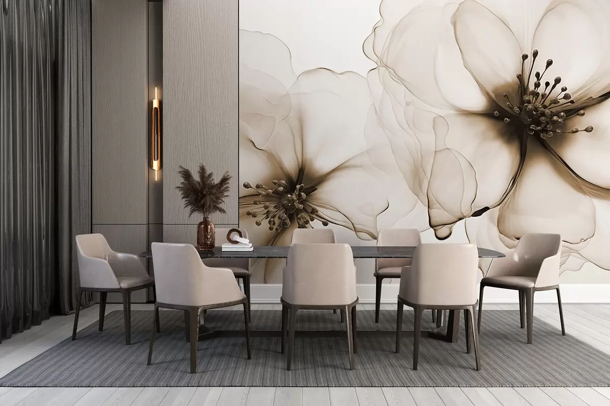 Fotobehang Twee doorschijnende bruine bloemen met zichtbare meeldraden, overlappende bloemblaadjes en een zacht vloeiende textuur w09295