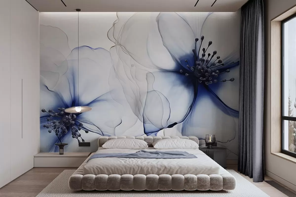 Fotobehang Twee doorschijnende blauwe bloemen met zichtbare meeldraden, overlappende bloemblaadjes en een zacht vloeiende textuur w09295v1