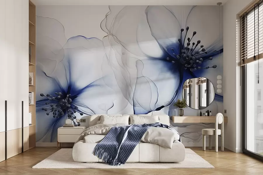 Fotobehang Twee doorschijnende blauwe bloemen met zichtbare meeldraden, overlappende bloemblaadjes en een zacht vloeiende textuur w09295v1