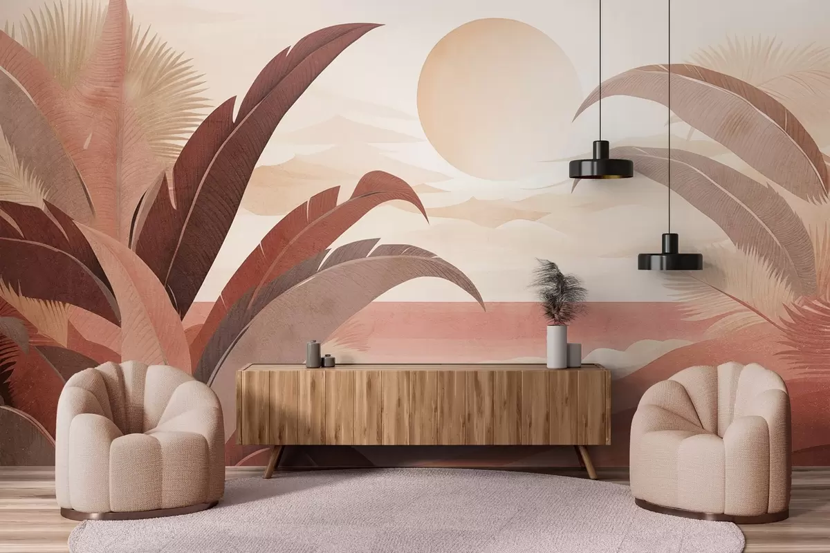 Fotobehang Tropisch abstract landschap met palmbladeren en een grote zon aan de hemel, warm kleurenpalet, minimalistische stijl, gestileerd w09296