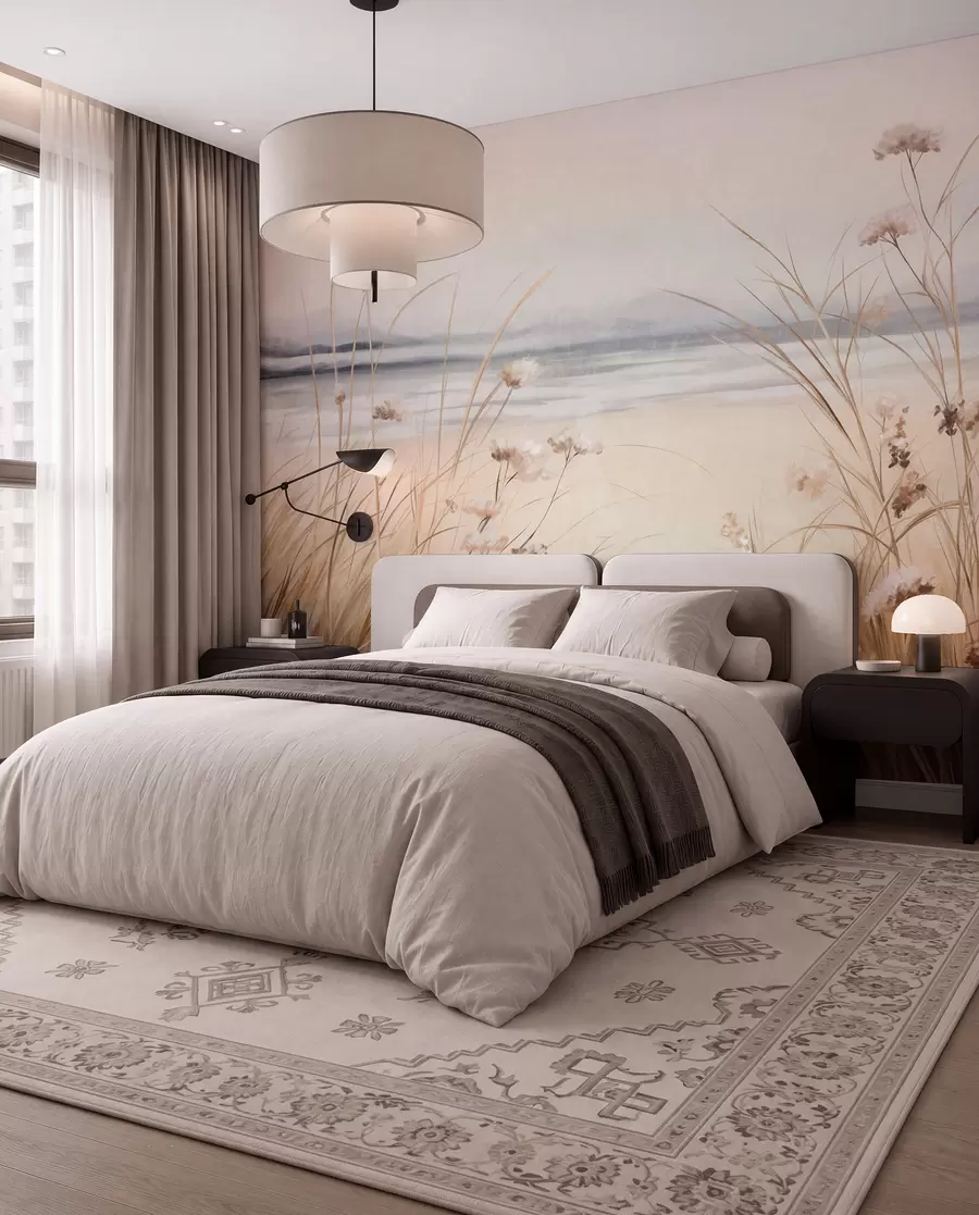 Fotobehang Een tarweveld met witte bloemen op de voorgrond, een strand en de oceaan op de achtergrond, neutrale pastel gedempte kleuren w09298