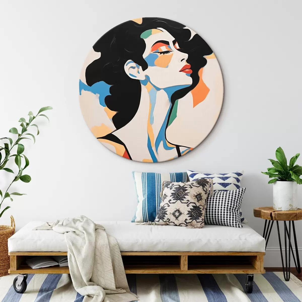 Ronde schilderijen Abstract portret van een vrouw met imitatie van penseelstreken r45233