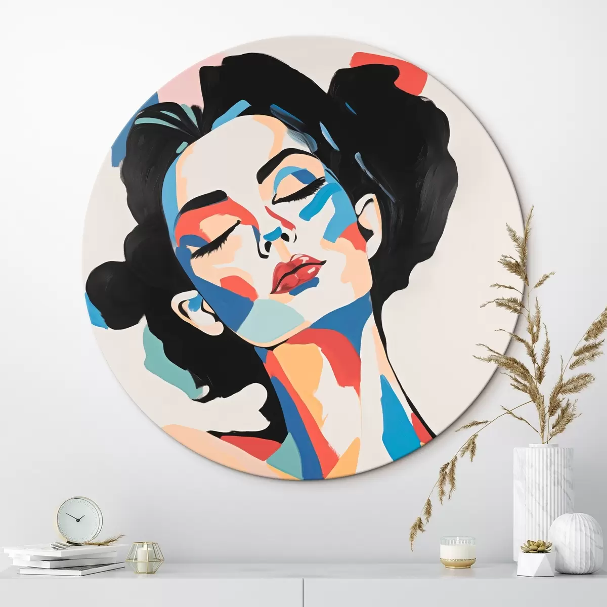 Ronde schilderijen Abstract portret van een vrouw met imitatie van penseelstreken r45234