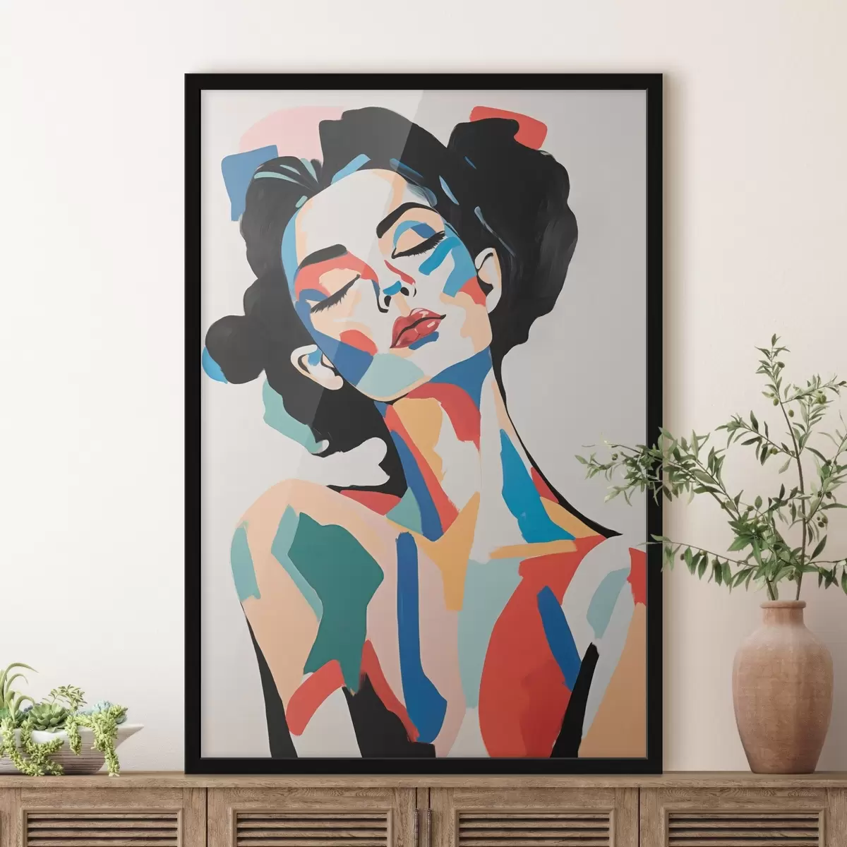 Poster Abstract portret van een vrouw met imitatie van penseelstreken f45234