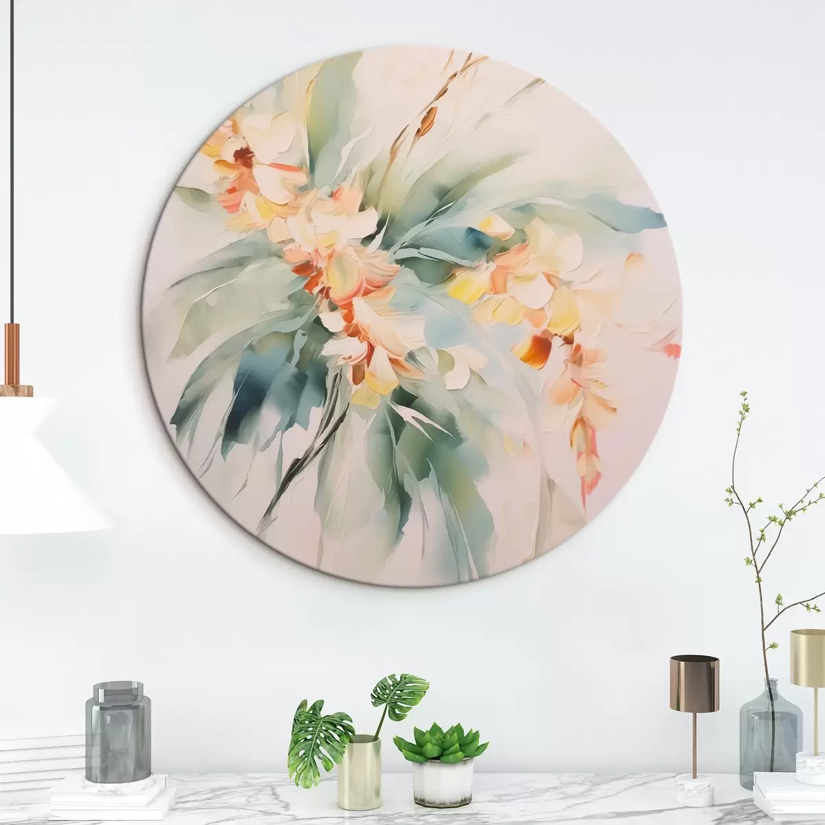 Ronde schilderijen Abstracte bloemen in gebladerte r45305
