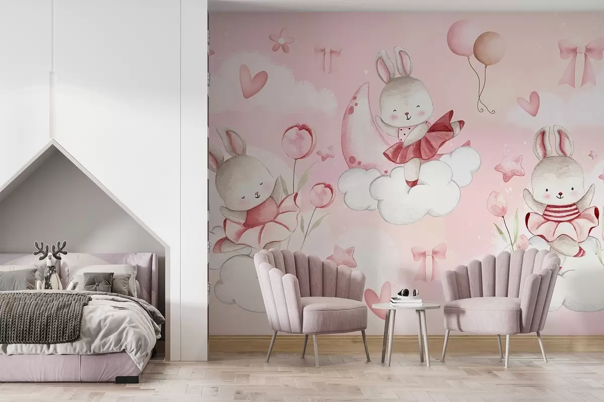 Fotobehang Konijnen in roze balletjurkjes op wolken w04333