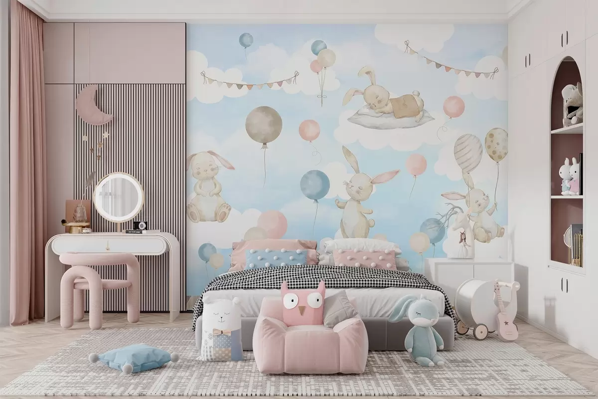 Fotobehang Konijnen met ballonnen op wolken w04337