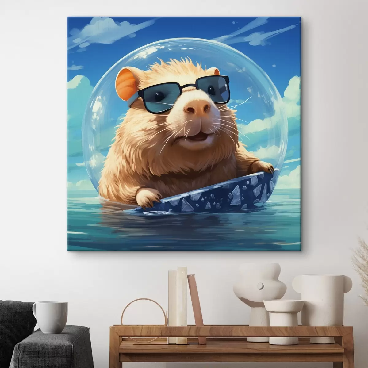  Schilderijen Vrolijke capibara in een transparante bel op het water s45029