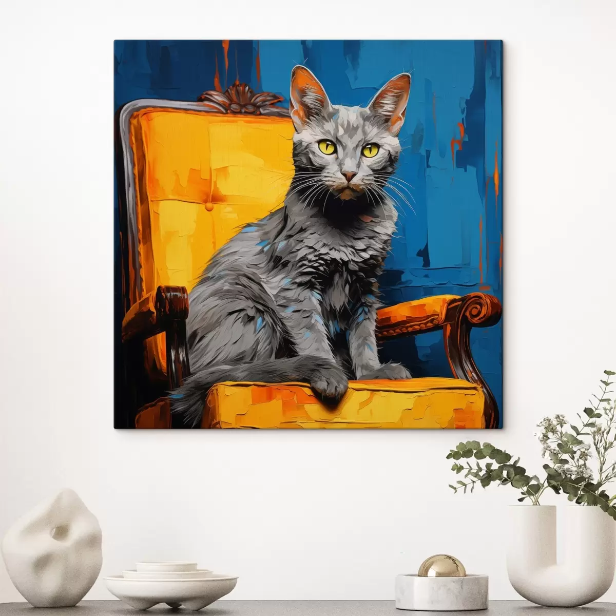  Schilderijen Artistiek kattenportret op blauwe achtergrond s45030
