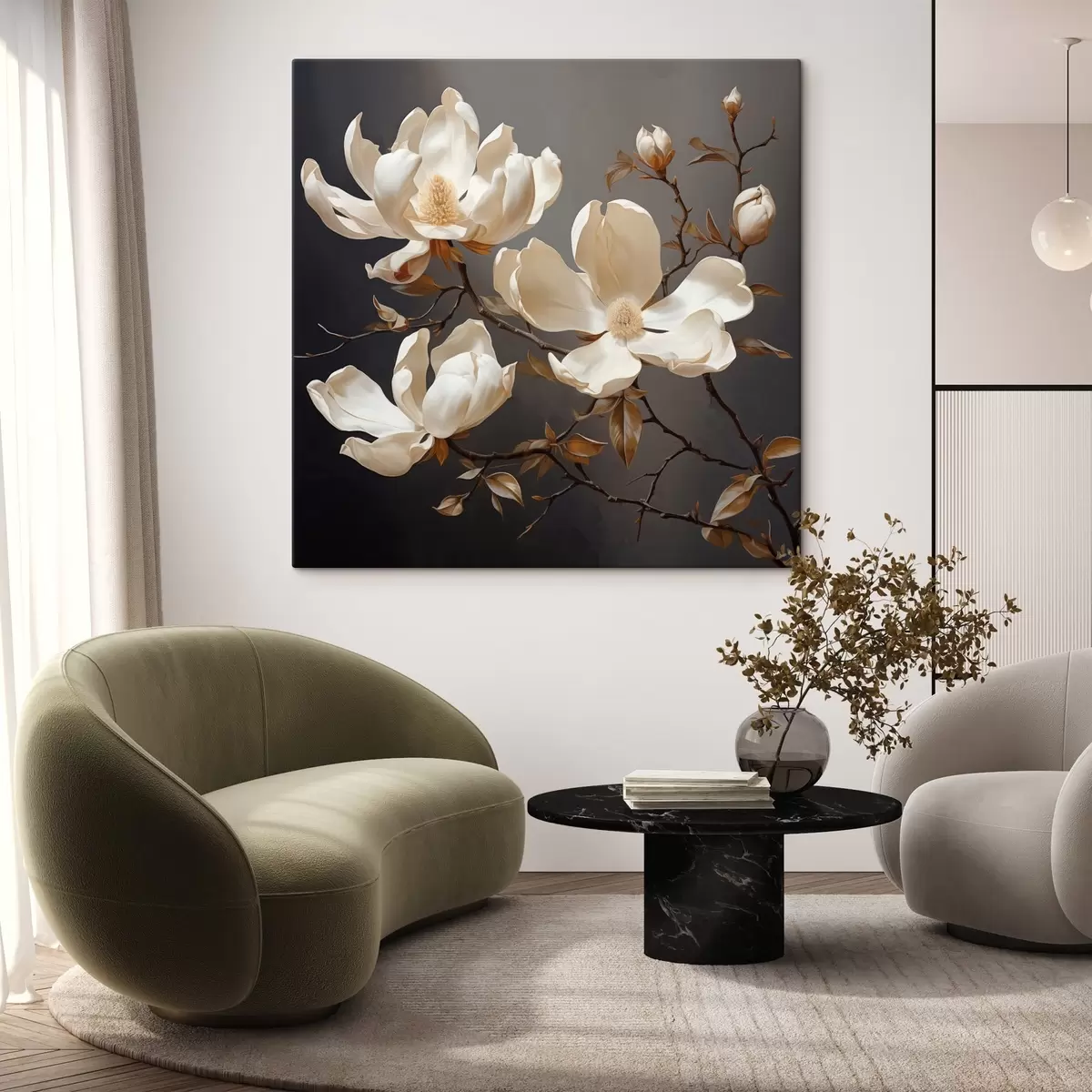  Schilderijen Witte magnolia's op donkere achtergrond in schilderstijl s45038