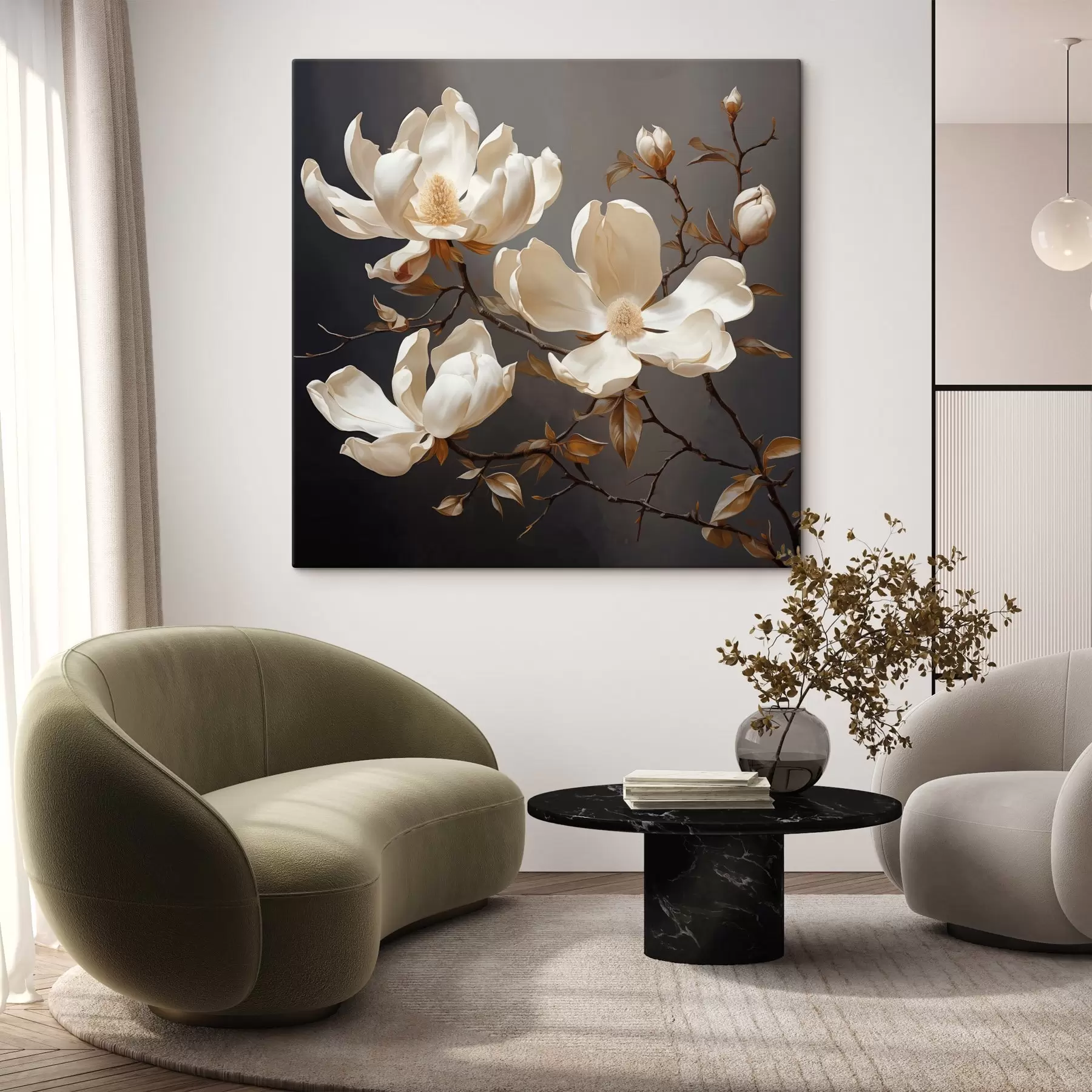  Schilderijen Witte magnolia's op donkere achtergrond in schilderstijl s45038