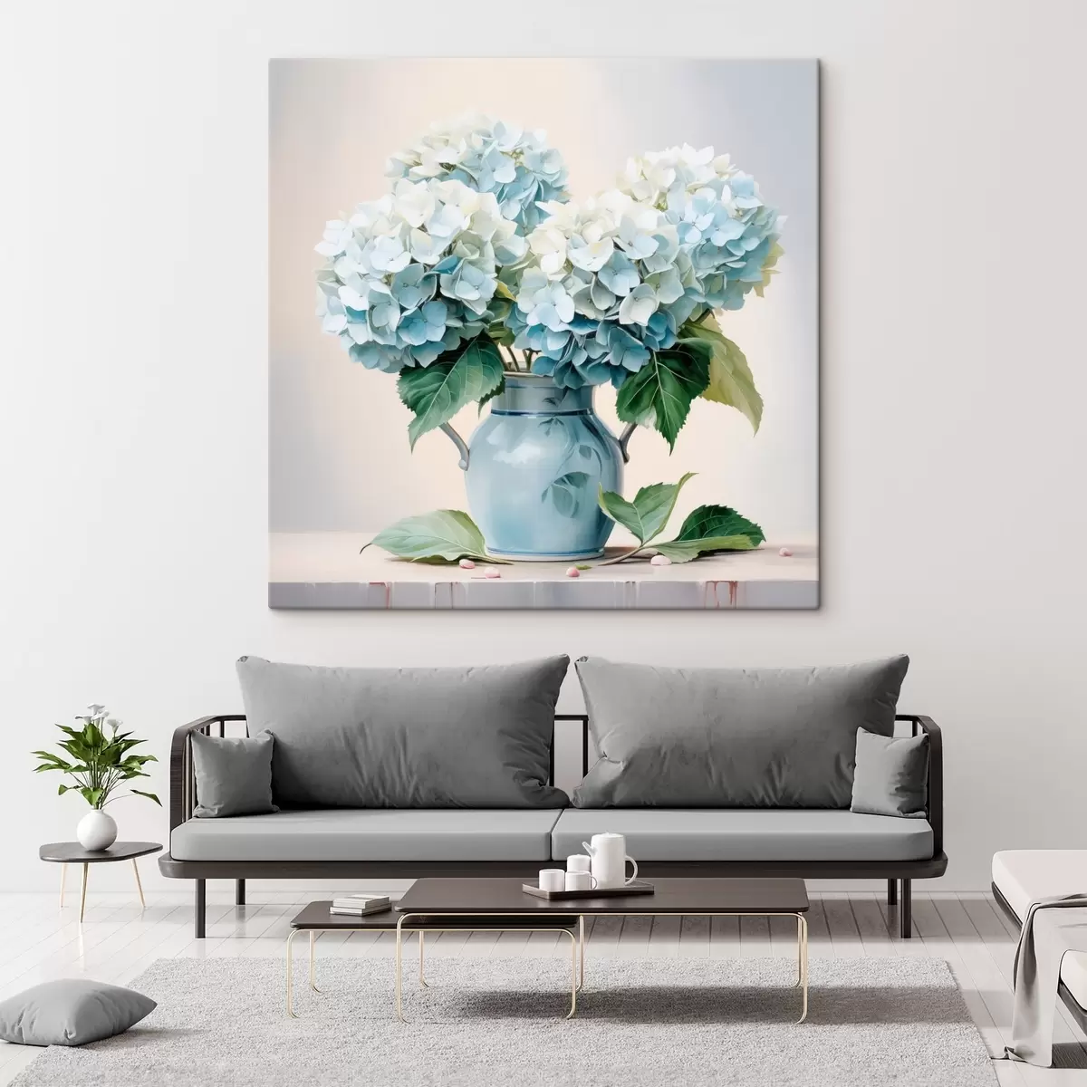  Schilderijen Verse hortensia's in een blauwe vaas op een lichte achtergrond s45043