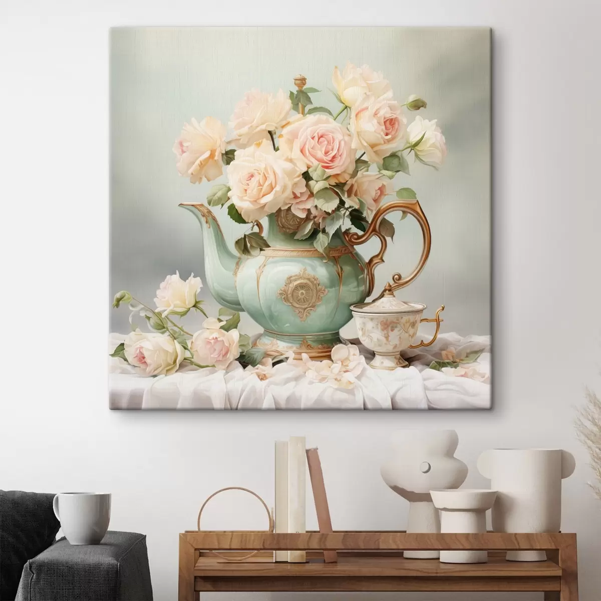  Schilderijen Stilleven met delicate rozen in een theeserviesje s45045