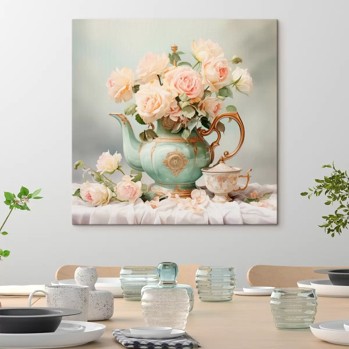  Schilderijen Stilleven met delicate rozen in een theeserviesje s45045