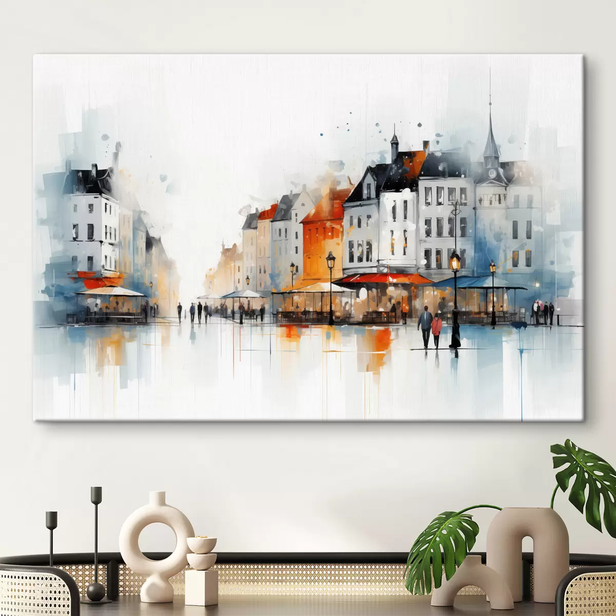  Schilderijen Straatbeeld met gebouwen en mensen in artistieke stijl s45050